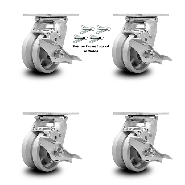 4 Inch V Groove Semi Steel Caster Set with Ball Bearings and Brake/Swivel Lock
